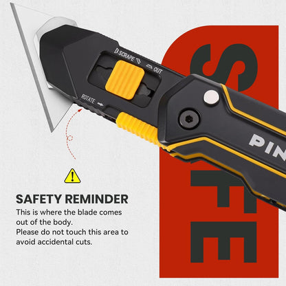 PINOZE Utility Knife Scraper, 3-in-1 Retractable Box Cutter with Lanyard & Blade Storage, Heavy Duty Zinc Alloy Multi-functional Knife with 10pcs SK2 Blades, EDC Tool for Home, Office, DIY