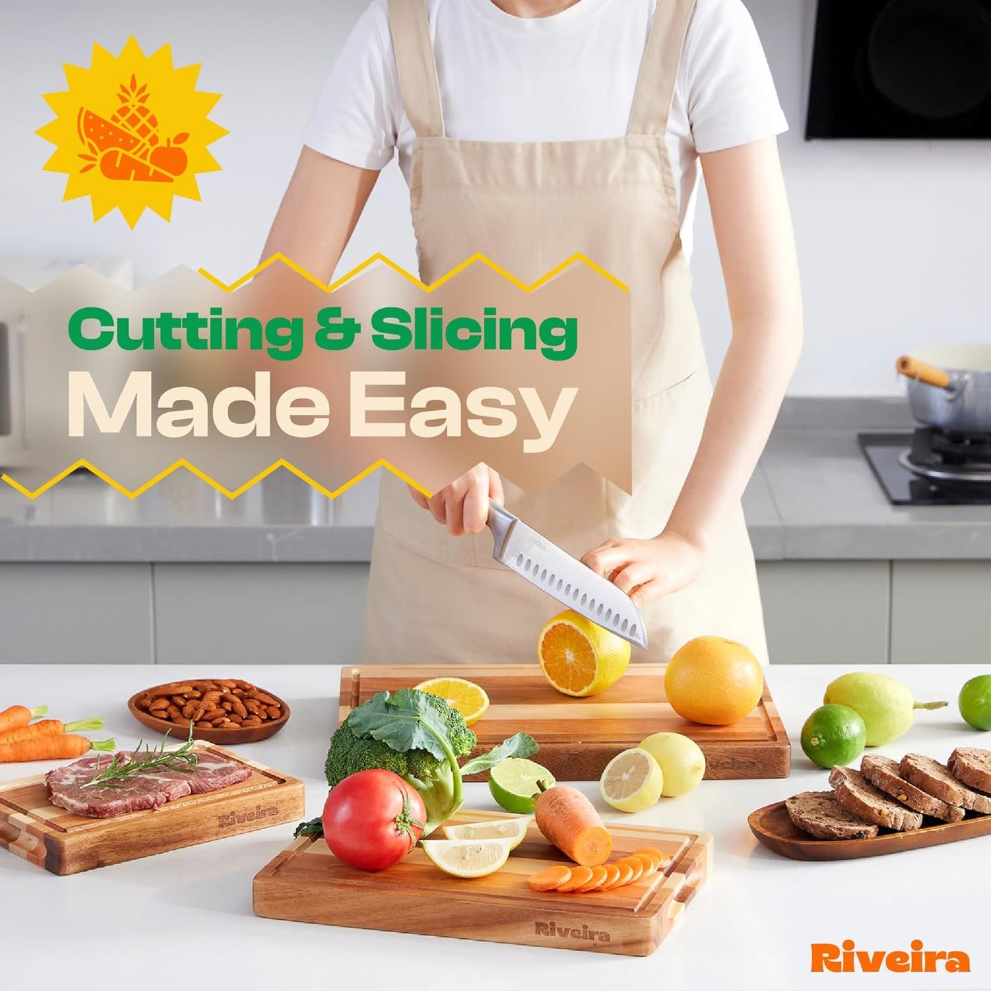 Riveira Walnut Cutting Board Set – Versatile And Durable: Set Of 3 Pcs Rectangular Wooden Cutting Board – Natural Wooden Cutting Boards For Kitchen – Complete Walnut Wooden Chopping Board
