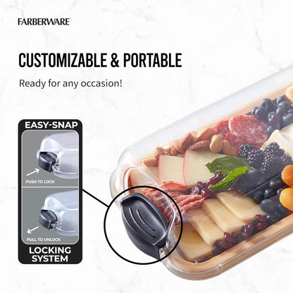 Farberware Build-A-Board Bamboo Cutting Board with Single Storage Compartment, Clear Locking Lid, Black Handles, Perfect for Charcuterie & Snacks
