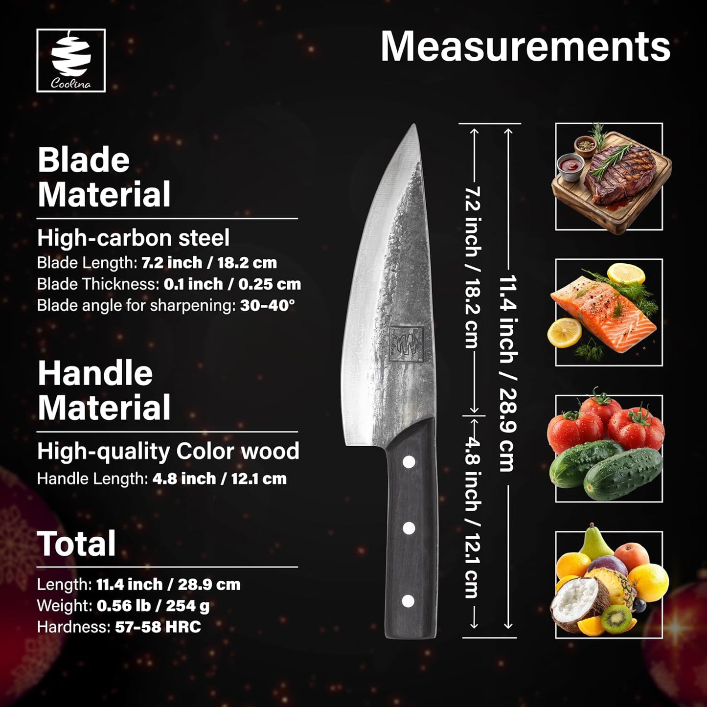 COOLINA Daozi 8" Butcher Knife, Hand-Forged High-Carbon Steel Cleaver for Heavy-Duty Meat Cutting, Slicing, Chopping, Brisket & BBQ, Full-Tang Forged Blade with Ergonomic Wood Handle