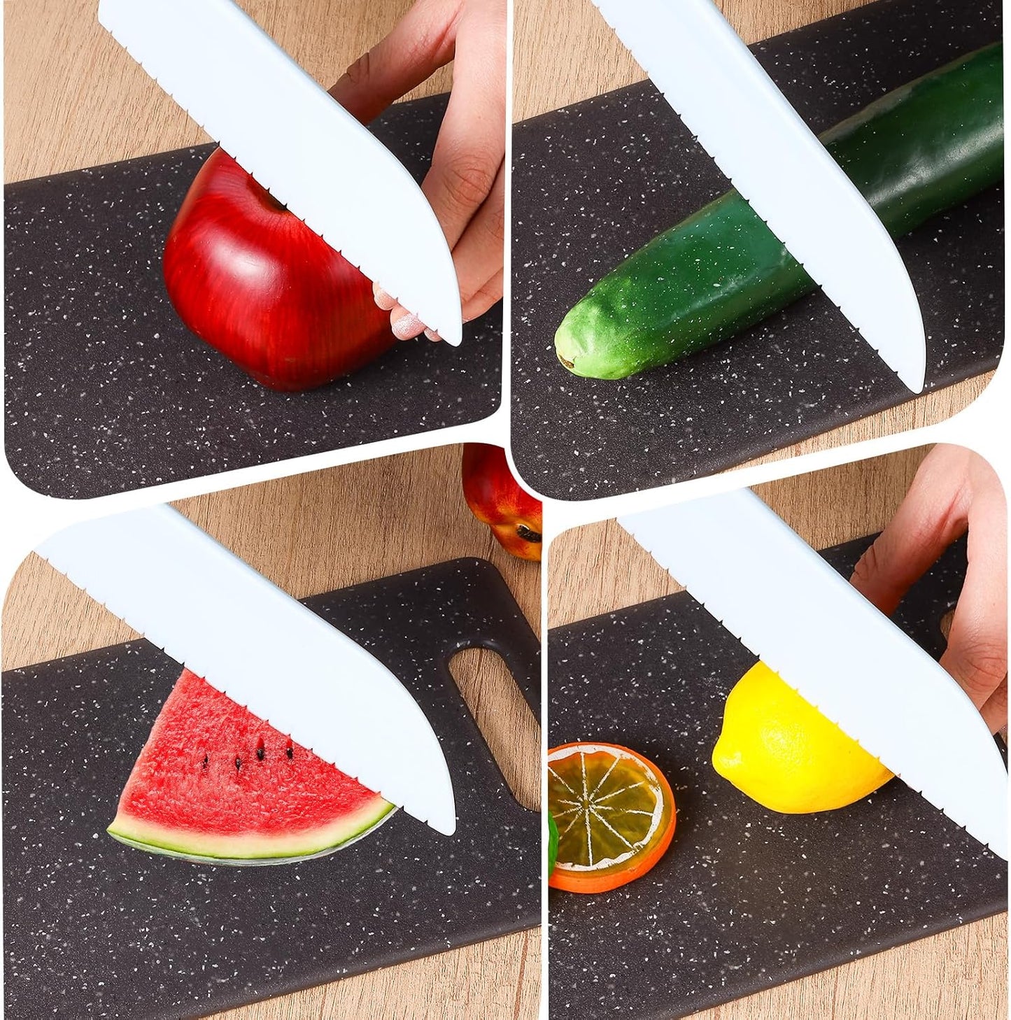 4 Pack Lettuce Knife 11/8.5" Plastic Cake Knifes to Prevent Browning Serrated Kitchen Cutter for Cutting Fruits, Cakes and Bread Dishwashable Safe for Kids Nylon Cutters for Nonstick Pans (Blue, S&L)