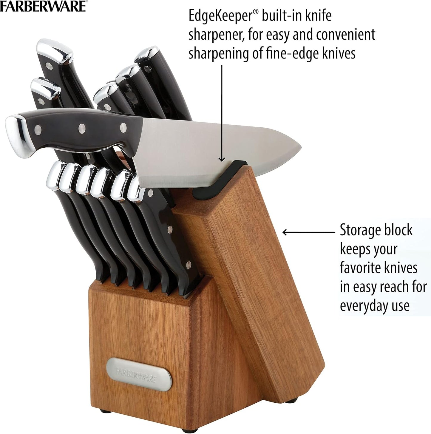 Farberware Edgekeeper Triple Riveted Knife Block Set with Built in Sharpener, 14-Piece, White