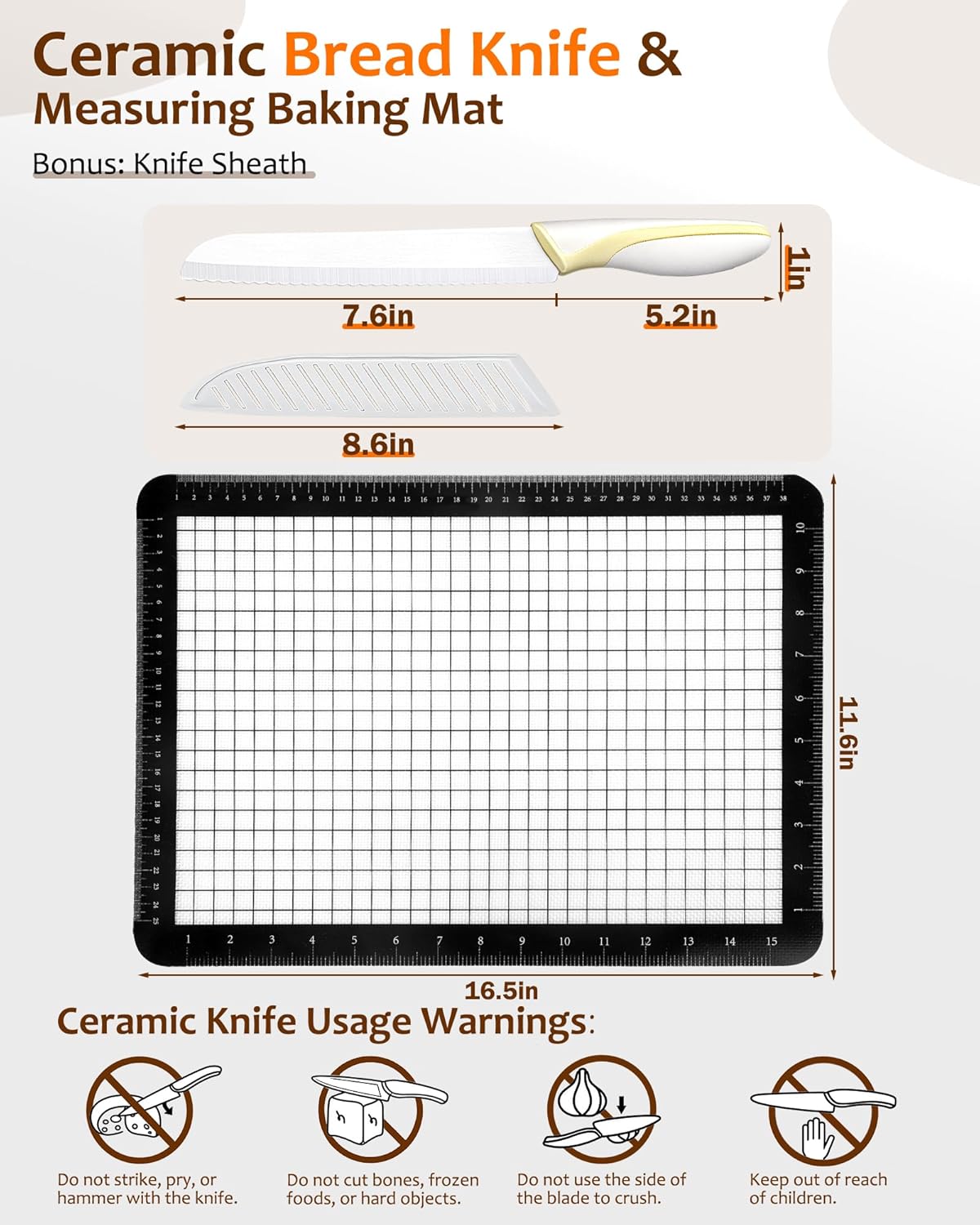 Bread Knife for Homemade Bread, Ceramic Serrated Sourdough Bread Slicer Set with Measuring Baking Mat & Cover, 7.6” Precision Cutting Knife for Artisan Loaves & Baking