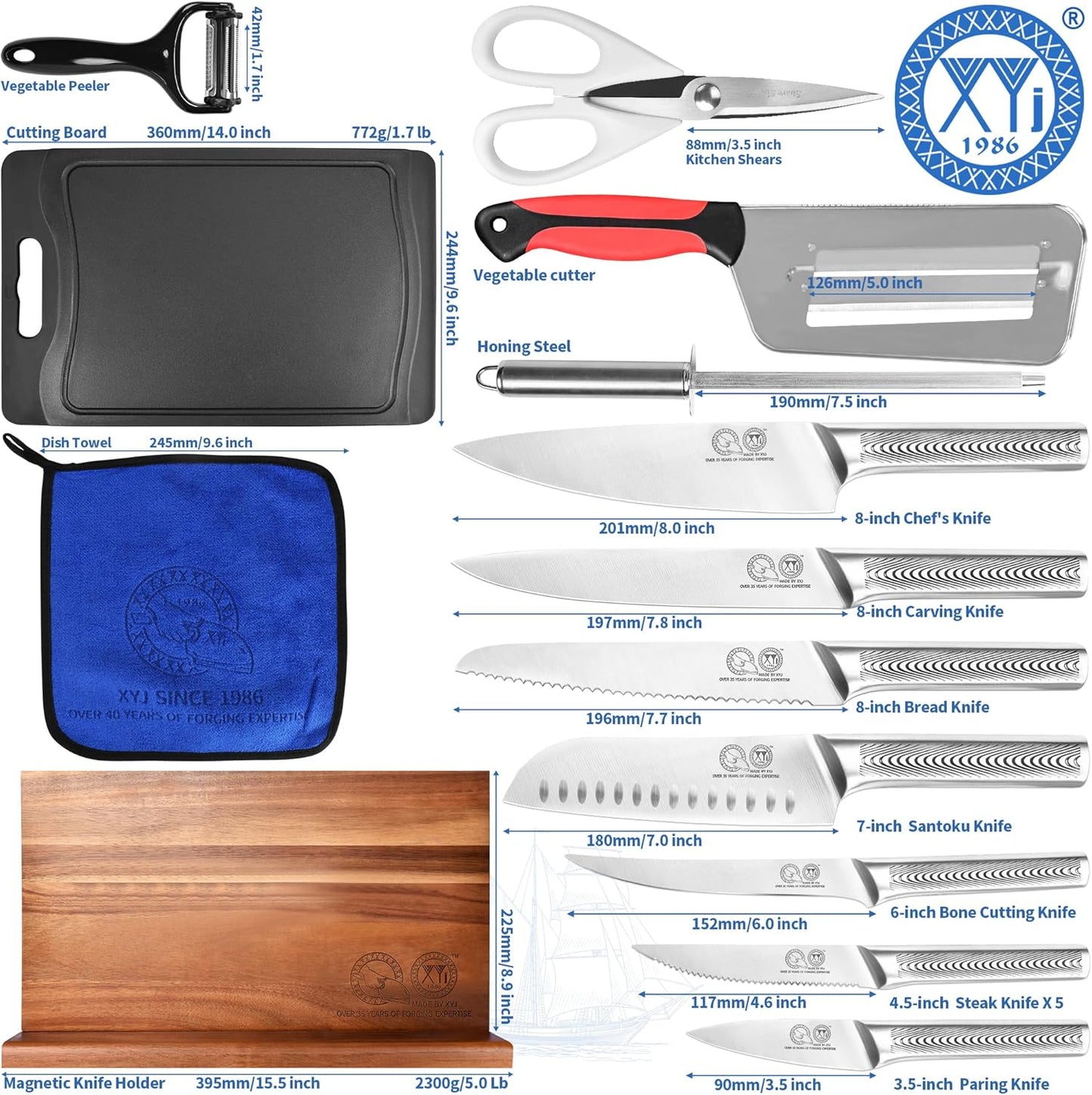 XYJ Kitchen Knife Block Set,Stainless Steel Knives Set with Magnetic Knife Block,Scissors,Gloves,Honing Steel,Japanese Style Paring Boning Steak Slicing Santoku Chef Knives,Resin Handle