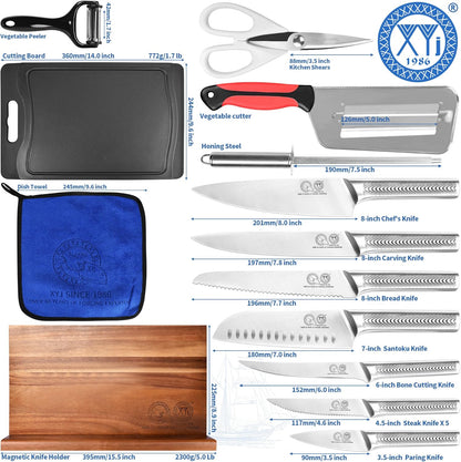 XYJ Kitchen Knife Block Set,Stainless Steel Knives Set with Magnetic Knife Block,Scissors,Gloves,Honing Steel,Japanese Style Paring Boning Steak Slicing Santoku Chef Knives,Resin Handle