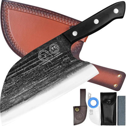 XYJ Authentic Since 1986,Outstanding Ancient Forging,6.7 Inch Full Tang,Serbian Chefs knife,Chef Meat Cleaver,Kitchen Knives,Set with Leather Sheath,Take Carrying,Butcher