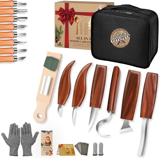 YOYUPETA Wood Carving Kit, 32-Piece Professional Whittling & Carving Tool Set with Walnut Handle Knives, Detail Gouges, Sharpening Stone, Strop, Basswood Blanks and Gloves for Adult Hobbyists & Craft