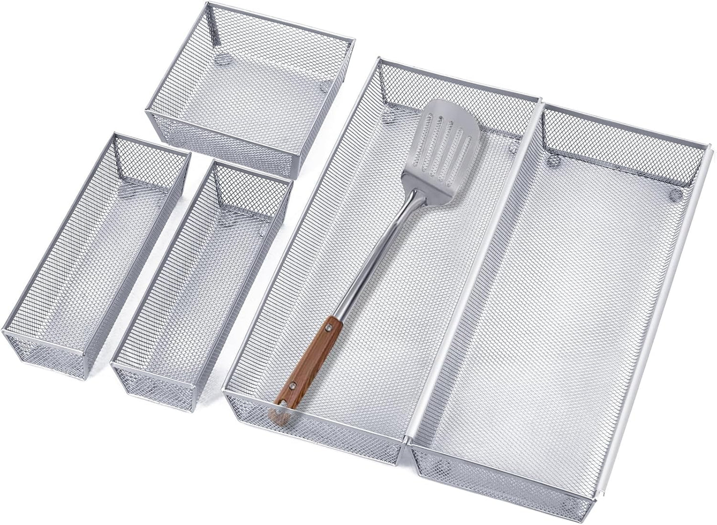 Neudeco Silverware Organizer,Mesh Drawer Organizer for Kitchen，Metal Utensil Organizer for Flatware, Knives, Spoons,Cosmetic (Silver 9 * 3 * 2 inch Pack6)