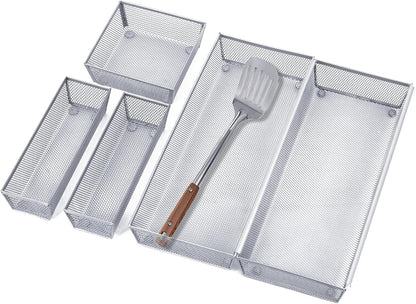 Neudeco Silverware Organizer,Mesh Drawer Organizer for Kitchen，Metal Utensil Organizer for Flatware, Knives, Spoons,Cosmetic (Silver 9 * 3 * 2 inch Pack6)