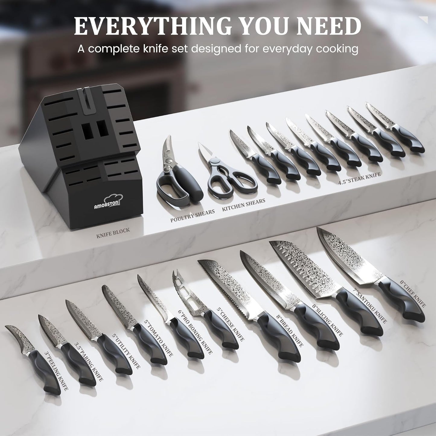Amorston 22 Pieces Knife Set, Laser Engraved High Carbon Stainless Steel Knife Block Set, Full Tang Professional Kitchen Knife Set with Built-in Sharpener, Mothers Day Gifts for Kitchen