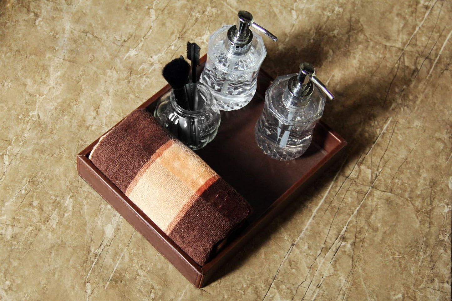 HofferRuffer Faux Leather Vanity Tray, Elegant Desktop Storage Organizer, Decorative Catchall for Perfume, Bathroom Valet, Nightstand or Dresser, 10.2 x 8.4 x 1.8 inches (Grey Stripe)