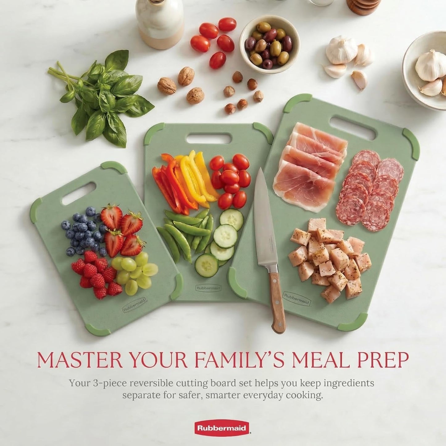 Rubbermaid 3pc Reversible Wheat Fiber Cutting Board Set | BPA Free Cutting Boards for Kitchen – Dishwasher Safe, Non-Slip Corners & Lightweight | Large Cutting Board for Meat, Veggies & Fruits