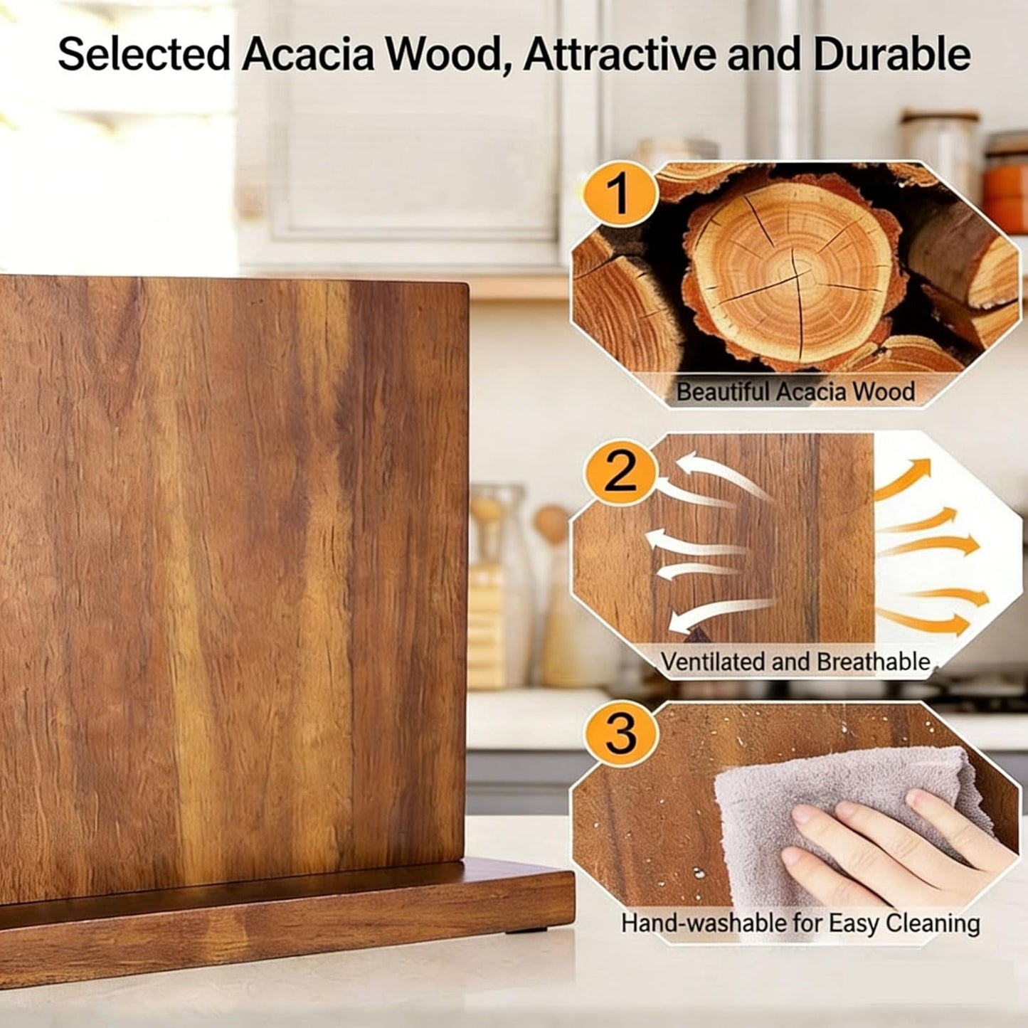 Magnetic Knife Block with Sharpening Stone, Double-Sided Acacia Wood Knife Holder, Detachable Whetstone, Kitchen Storage Rack
