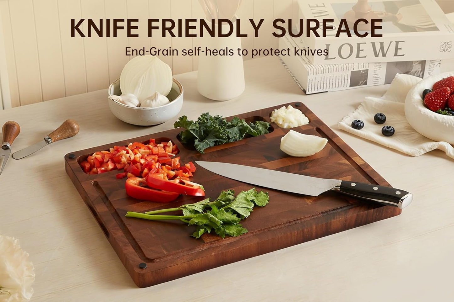 Walnut Cutting Boards for Kitchen, End Grain Wooden Cutting Board Double Sided, Thick Chopping Board with Handle, Large Charcuterie Butcher Block Meal Prep & Serving with Gift Box, 17"×13"×1"