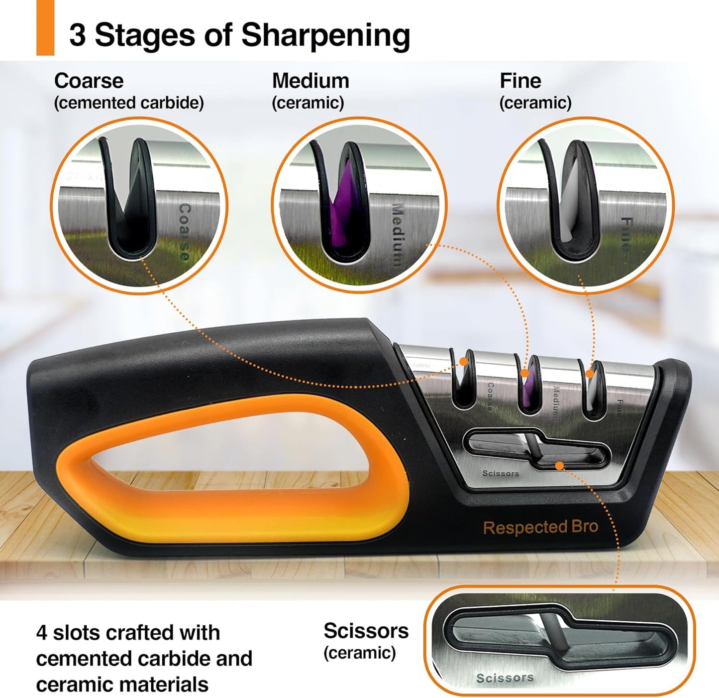 RESPECTED BRO 4-in-1 Knife and Scissors Sharpener, Premium Kitchen Knife Sharpener Tool, Help Prepare Restore & Polish Blades, Comfort & Ergonomic Handles For Easy-To-Use
