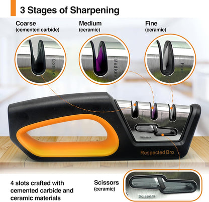 RESPECTED BRO 4-in-1 Knife and Scissors Sharpener, Premium Kitchen Knife Sharpener Tool, Help Prepare Restore & Polish Blades, Comfort & Ergonomic Handles For Easy-To-Use