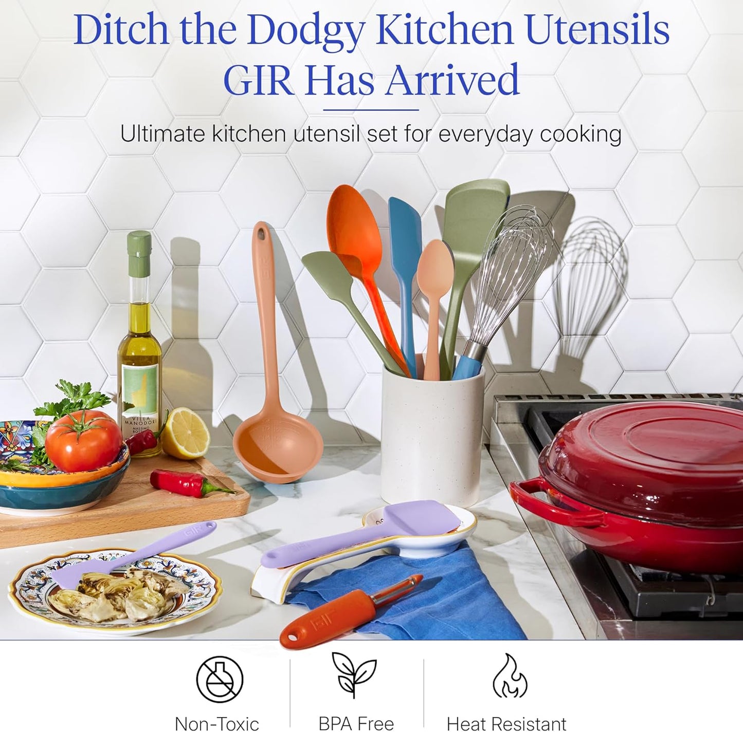 GIR: Get It Right 5 Piece Silicone Ultimate Kitchen Utensils Set - Ladle, Spatula, Flip, Spoon & Spoonula - Non-Toxic Cooking Utensils for Nonstick Cookware, Cooking and Baking - Red