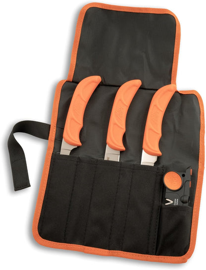 OUTDOOR EDGE Wild Roll Pack - 5-Piece Hunting Kit & Game Processing Set - Includes Gut Hook Skinning Knife, Caping Knife, Boning Blade & Two Stage Sharpener