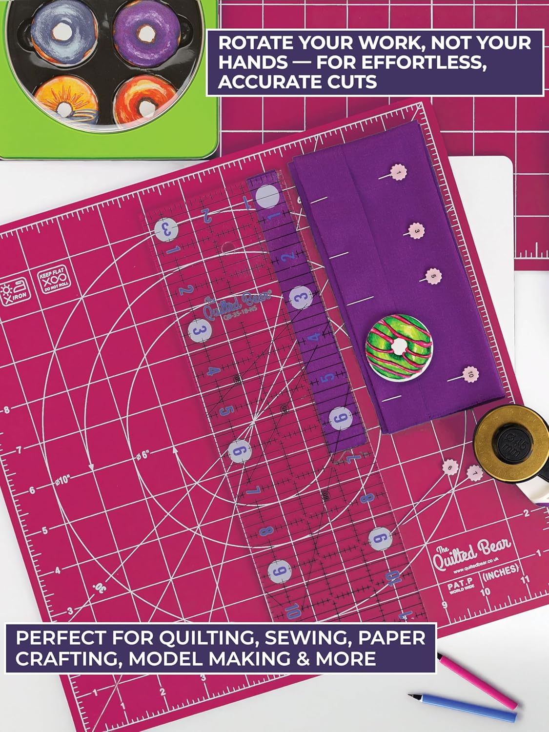 The Quilted Bear Rotating Cutting Mat 12" x 12" - Locking & Rotating Self Healing Cutting Board for Sewing, Fabric & Quilting - 360 Degree Sewing Supplies Mat for Craft Table (Pink)