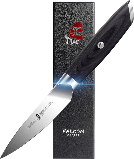 TUO Paring Knife 3.5 Inch - Ultra Sharp Peeling Knife - High Carbon Stainless Steel - Full Tang G10 Handle with Gift Box - Black Hawk S Series