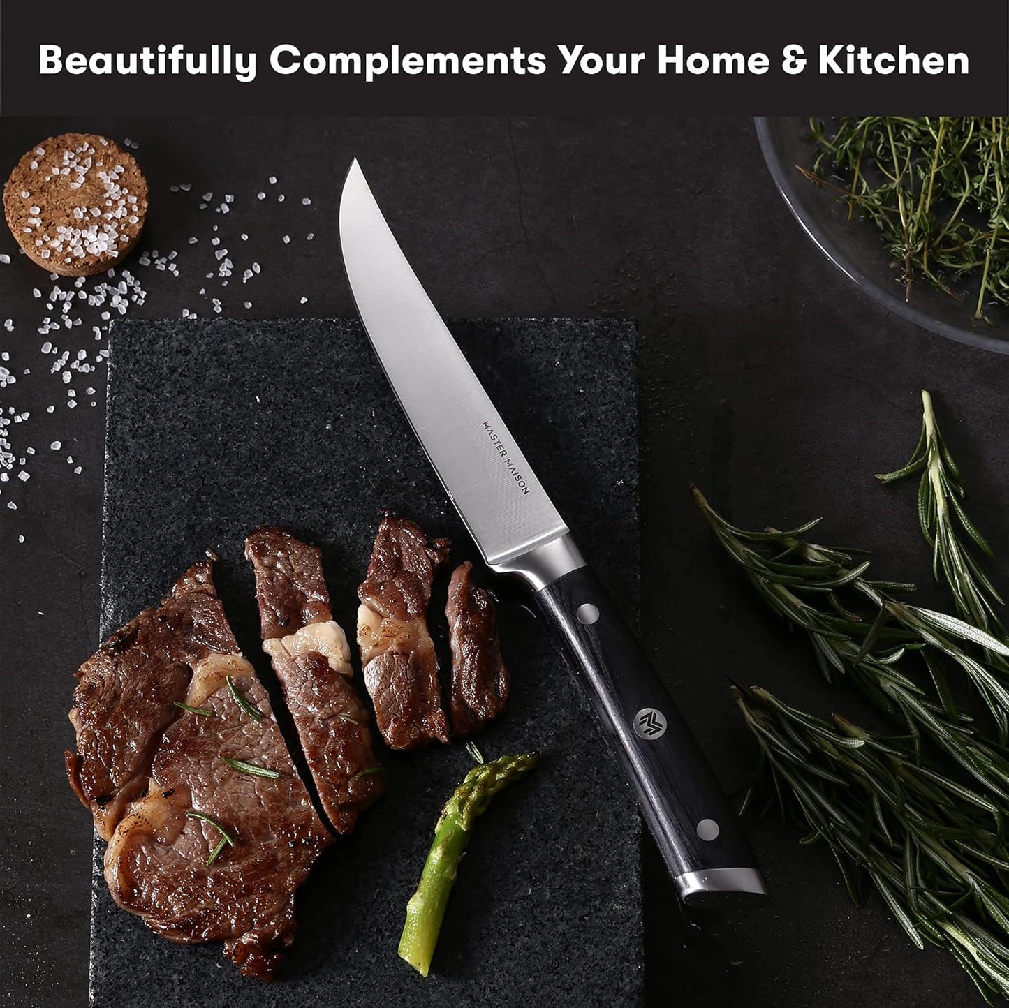 Master Maison 4-Piece 5" Ultra Premium Steak Knife Set | 4 German Non-Serrated Stainless Steel Kitchen Steak Knives + Wood Chef Gift Box | Anti-Fatigue Ergonomic Full-Tang Triple-Riveted Handle, Black