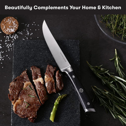 Master Maison 4-Piece 5" Ultra Premium Steak Knife Set | 4 German Non-Serrated Stainless Steel Kitchen Steak Knives + Wood Chef Gift Box | Anti-Fatigue Ergonomic Full-Tang Triple-Riveted Handle, Black