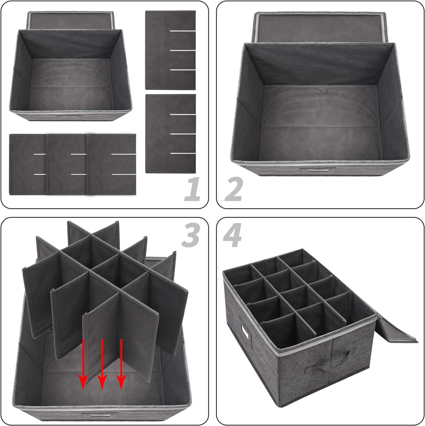 Stemware Storage Cases, Wine Glass Storage Box Containers for Glassware or Crystal, Holds 12 Red or White Wine Glasses, Hard Top and Sides (Grey)