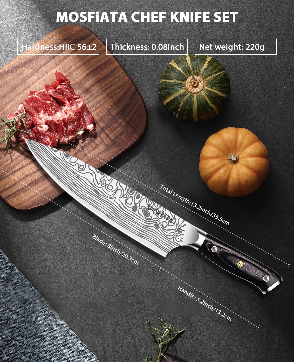 MOSFiATA 8" Super Sharp Professional Chef's Knife with Finger Guard and Knife Sharpener, German High Carbon Stainless Steel EN1.4116 with Micarta Handle and Gift Box