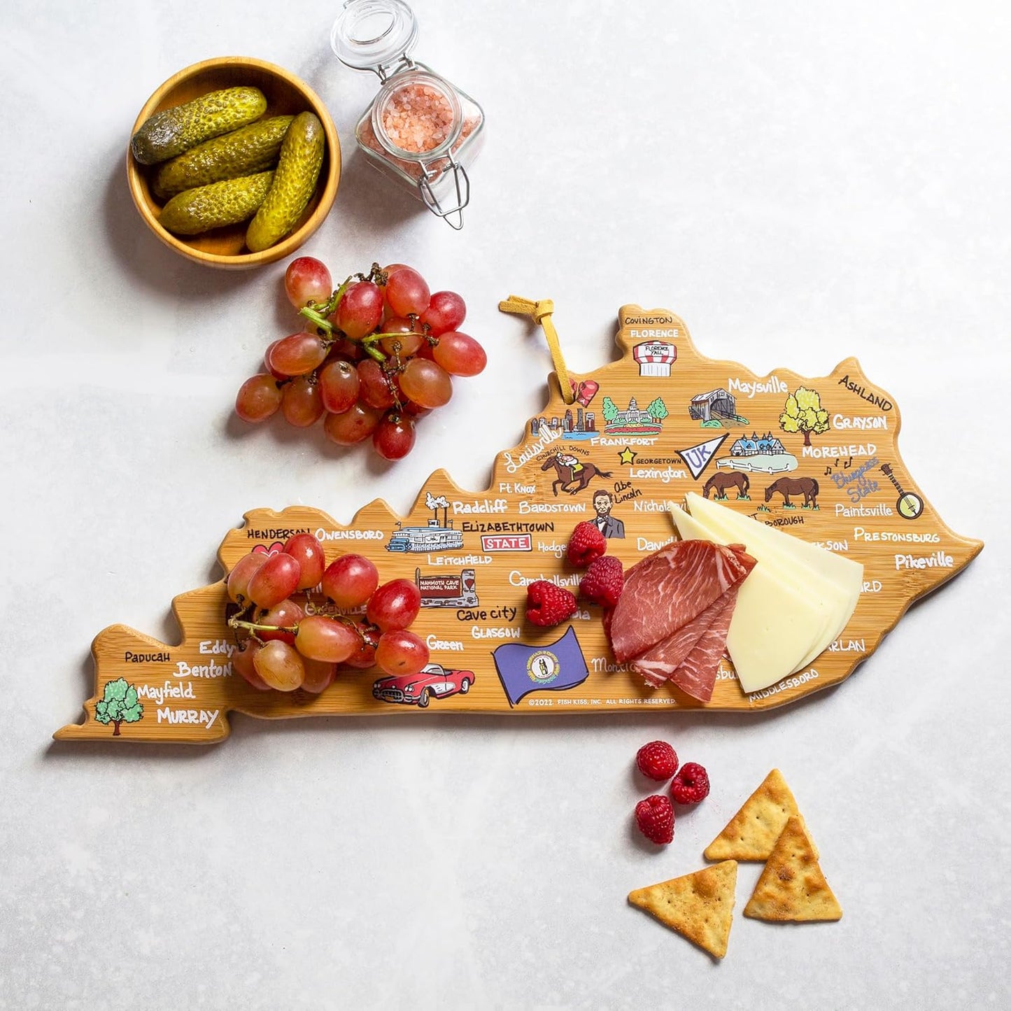 Totally Bamboo Tennessee State Shaped Cutting Board and Charcuterie Serving Platter with Artwork by Fish Kiss, Includes Hang Tie for Wall Display - Colors A