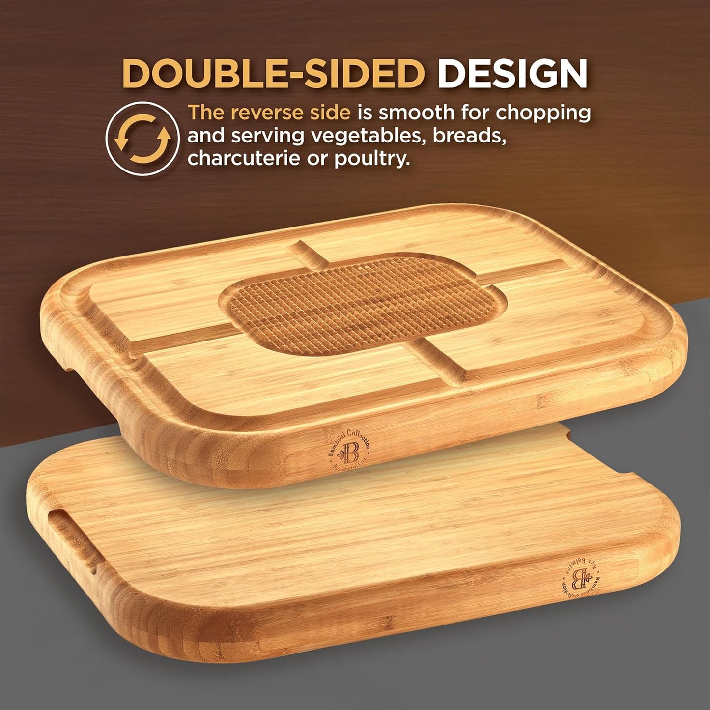 Meat Cutting Board - Extra Large Bamboo Carving Board, 18 x 13 Thick Butcher Block Cutting Board with Deep Juice Groove, Non Slip Center, Reversible Board for Steak, Brisket, Turkey, Grilling BBQ Prep