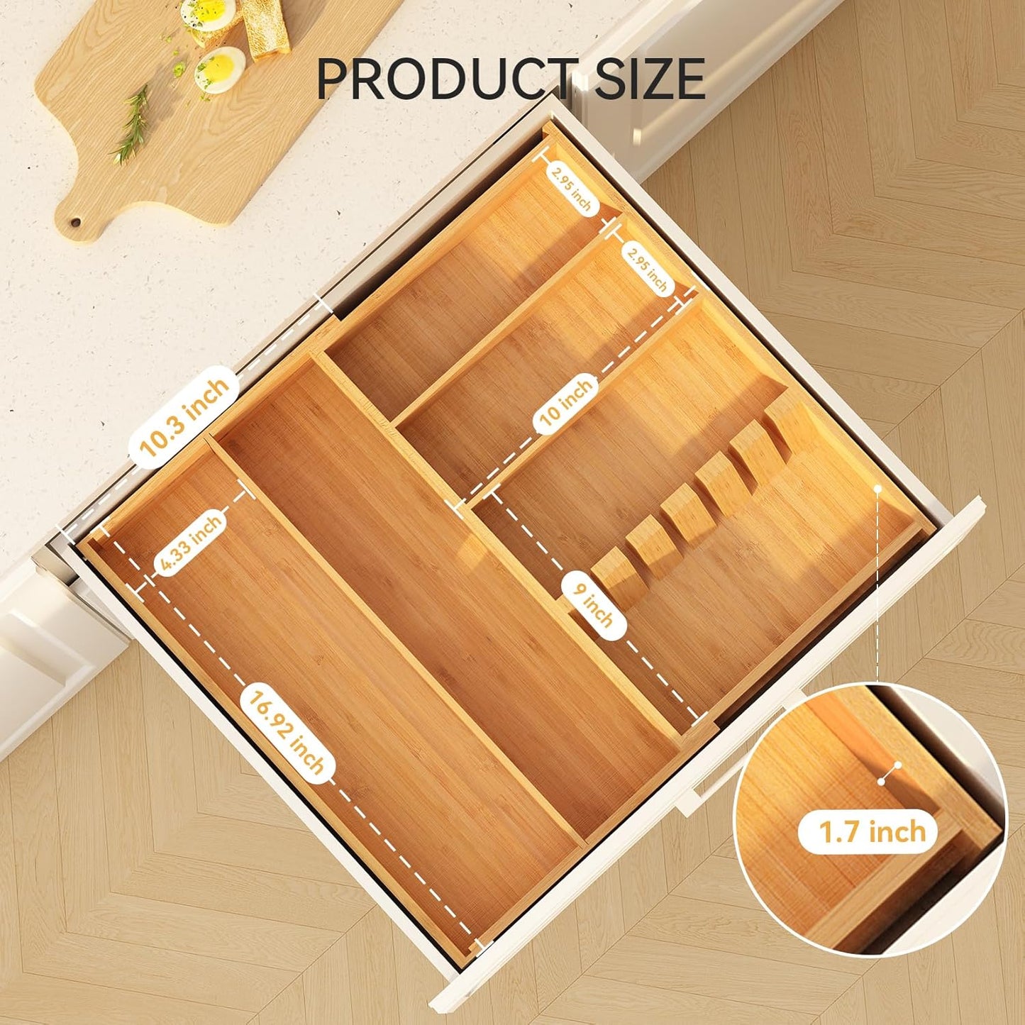 Yofidra Bamboo Silverware Organizer, 12.6 x 6.97 x 1.96 Inches Kitchen Utensil Drawer Organizer, Silverware Tray for Drawer with Fixed Slots for Spoons, Forks & Knives, Natural