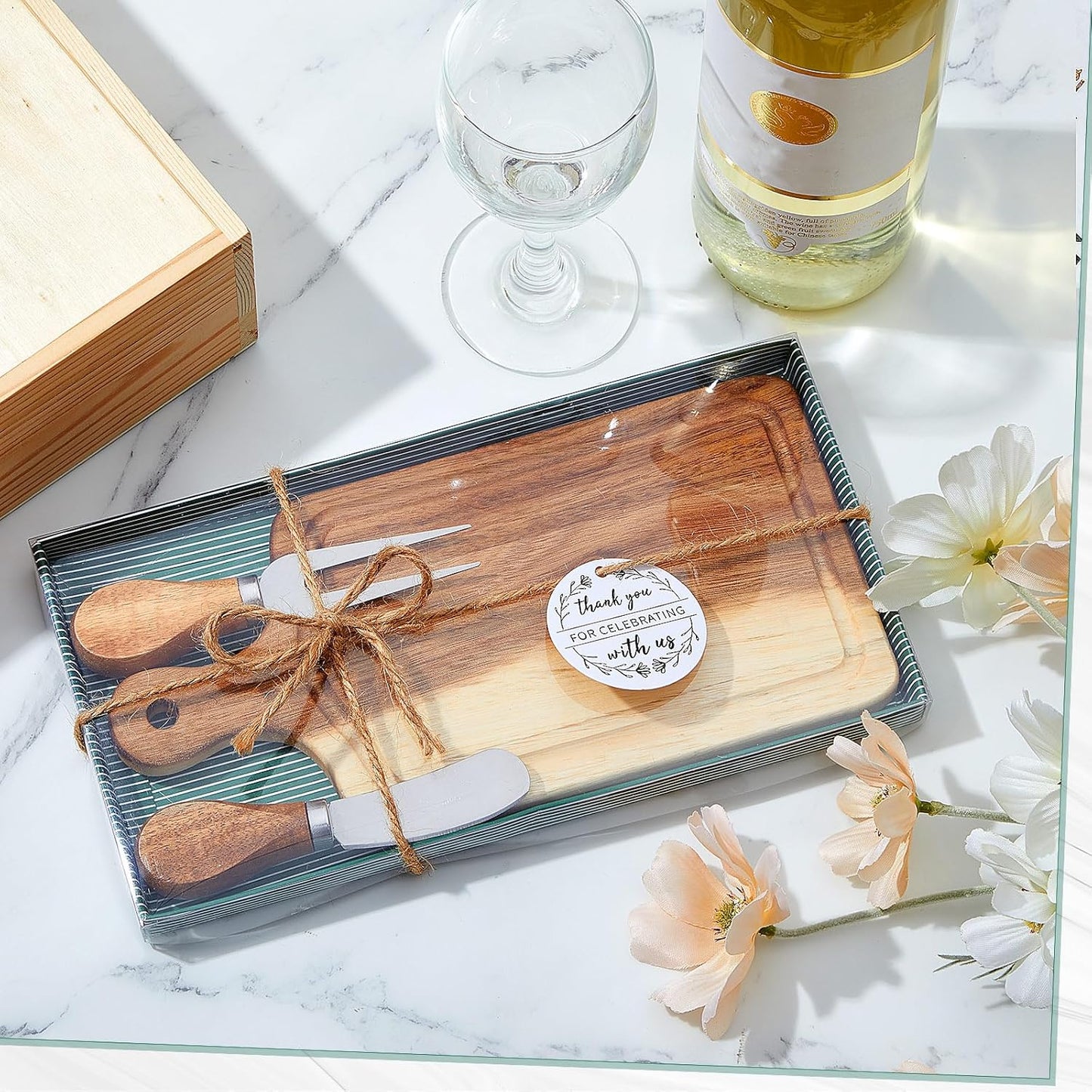 1 Set Bridal Baby Shower Cheese Prizes Wooden Square Board Gift Set Knives Forks Thank You Tags with Box for Guests for Valentines Bridal Baby Shower Housewarming Gifts (Acacia Color)