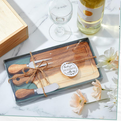 1 Set Bridal Baby Shower Cheese Prizes Wooden Square Board Gift Set Knives Forks Thank You Tags with Box for Guests for Valentines Bridal Baby Shower Housewarming Gifts (Acacia Color)