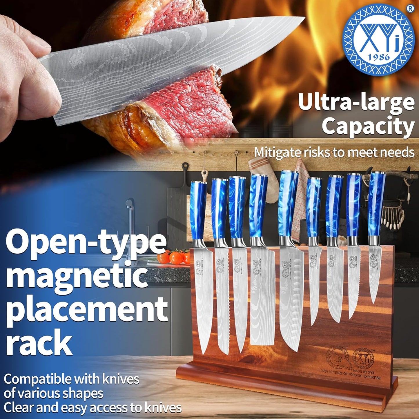 XYJ Kitchen Knife Block Set,Stainless Steel Knives Set with Magnetic Knife Block,Scissors,Gloves,Honing Steel,Japanese Style Paring Boning Steak Slicing Santoku Chef Knives,Resin Handle