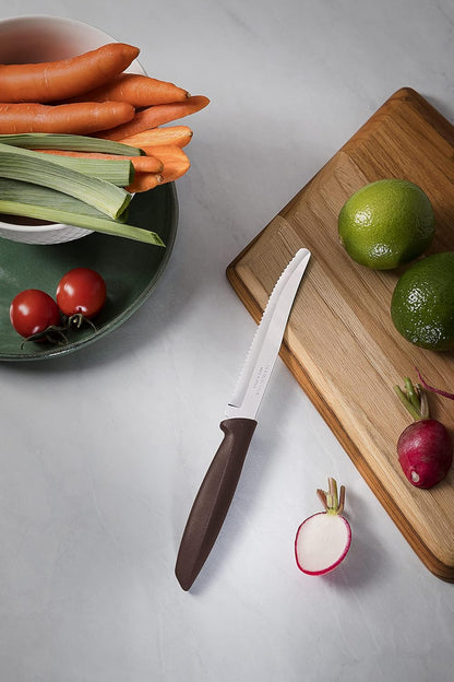 Tramontina Kitchen Knives Set of 6, Serrated Fruit Tomato Cooking Knife, Vegetable Chopper Peeler, Stainless Steel, Multipurpose, Pointed Tip, Brown, 23498454