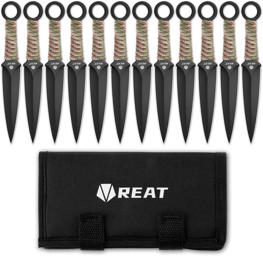 REAT Throwing Knives - 12 Piece, 6.5" 440 Stainless Steel with Cord-Wrapped Handle, Includes Nylon Carrying Case for Safe Storage,Ninja Kunai Knives for Competition,Recreation (Black/Camouflage)