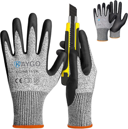 KAYGO 12 Pairs Cut Resistant Work Gloves for Men and Women,ANSI A3 Cutting Gloves,Nitrile Micro-Foam Safety Work Gloves KG21NB,Ideal for Wood Carving,Glass Handling, Construction,Fishing,Grey,S