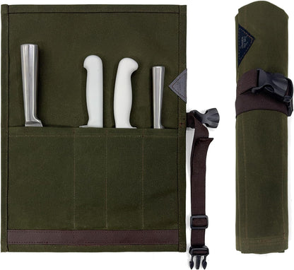 Under NY Sky Knife Roll Case - 3 Slots - Heavy Duty Waxed Canvas Pouch - Leather Reinforced - Portable Bag for Cooking Tools, Utensils, Cutlery Knives, Brushes - Chefs, Kitchen, Travel, Gift - GrayCV