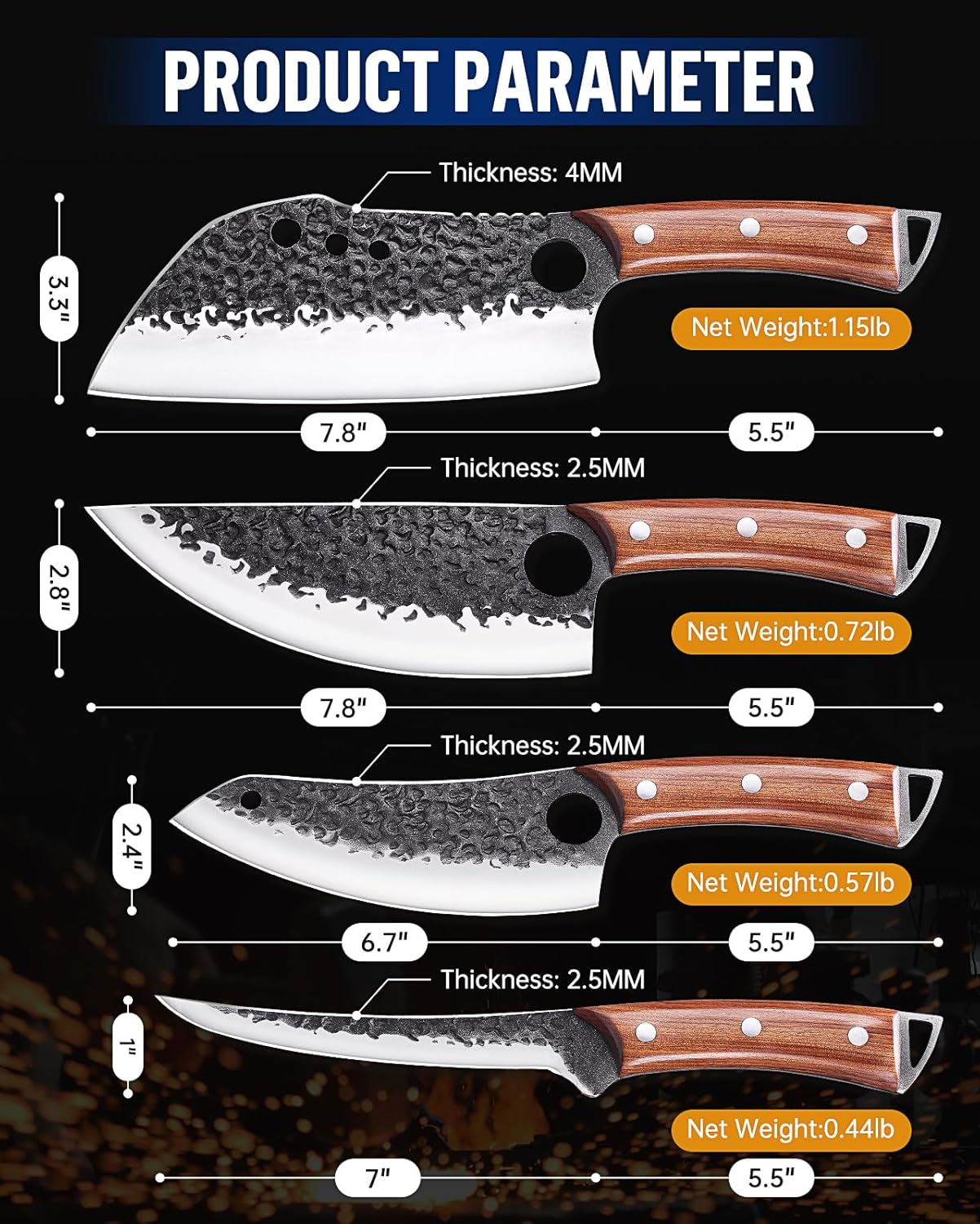 KITNATS 9PCS Butcher Knife Set with Roll Bag, Hand Forged Kitchen Knife Set with Meat Cleaver, Boning Knife & Chef Knife for BBQ, Meat Processing, Camping, Outdoor Cooking, Gift for Men