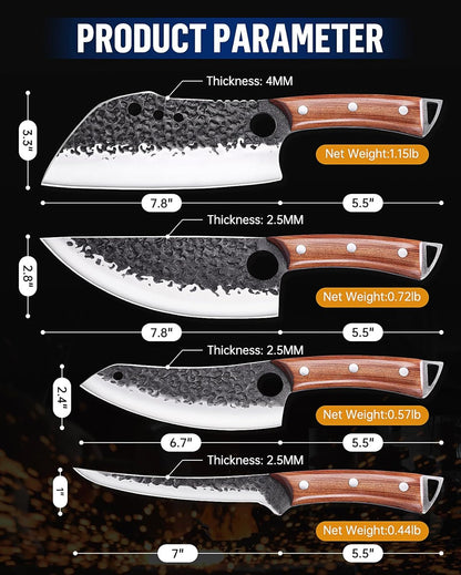 KITNATS 9PCS Butcher Knife Set with Roll Bag, Hand Forged Kitchen Knife Set with Meat Cleaver, Boning Knife & Chef Knife for BBQ, Meat Processing, Camping, Outdoor Cooking, Gift for Men