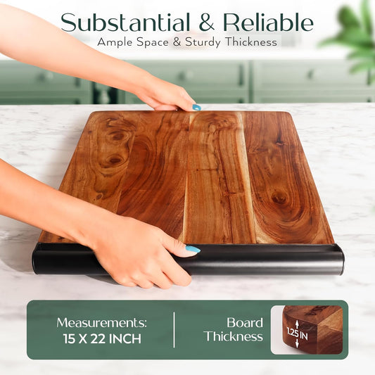 Extra Large Edge Grain Acacia Cutting Board with Metal Handle Premium Butcher Block for Kitchen Prep, Charcuterie and Serving thick Heavy-Duty Chopping Board (Large No Groove)