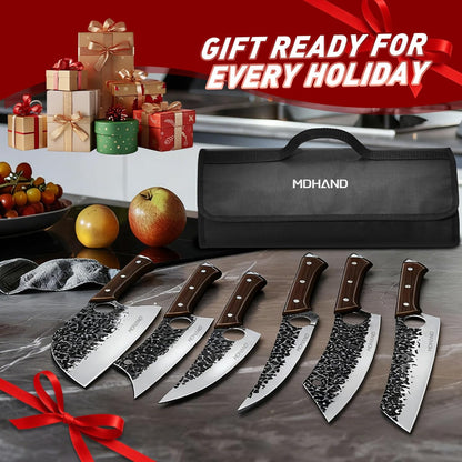 MDHAND Butcher Knife Set, 12PCS Hand Forged Serbian Chef Knife Set with Bag, High Carbon Steel Full Tang Kitchen Knives Set, Meat Cleaver & Boning Knife for Brisket Trimming BBQ Camping, Gift for Men