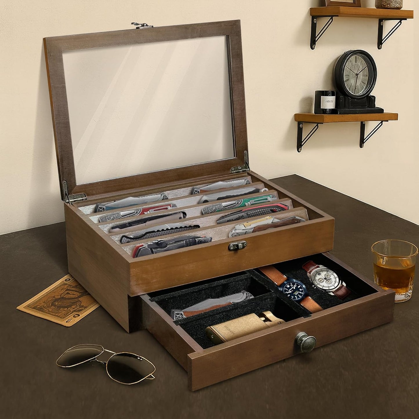 Knife Display Case,2 Layer Pocket Knife Display Case Wood, Knife Collection Display Case with Drawers, Pocket Knife Organizer for Gifts, Black
