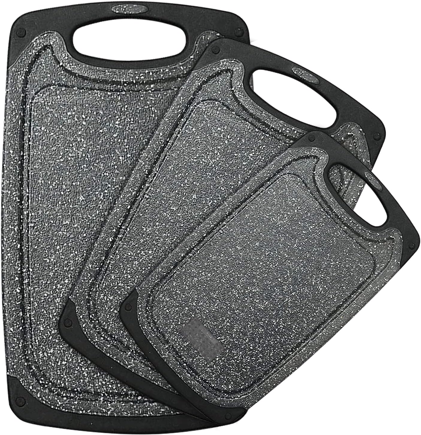 Viretang Plastic Cutting Boards Set of 3 for Kitchen, Thick Chopping Board with Deep Juice Grooves, Non‑Slip Feet, Easy Grip Handle, BPA Free, Dishwasher Safe,Black