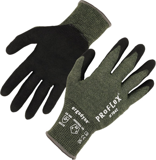 Ergodyne ProFlex 7042 Cut Resistant Work Gloves, ANSI A4, Contact Heat Resistant, Sandy Nitrile Coated Palms, 18g Aramid, Green, Large US