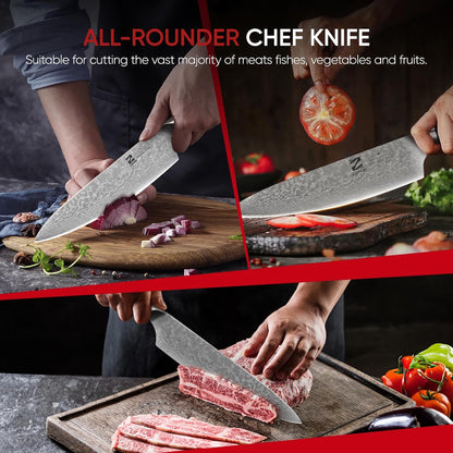 【Exclusive】 Gyuto Knife, 8 Inch Japanese Chef Knife, Handmade Forged 5-Layer VG10 High Carbon Steel, Hammered Finish Rust-Resistant Blade, Ergonomic Sandalwood G10 Handle Kitchen Knife with Gift Box