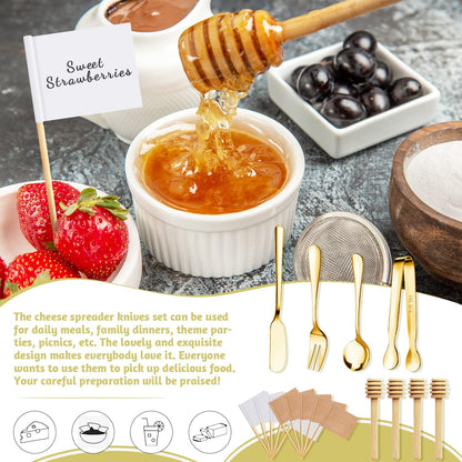 Charcuterie Boards Accessories 64Pcs Cheese Butter Spreader Knives Set Charcuterie Utensils Mini Serving Spoons and Forks Small Serving Tongs Sauce Cups Honey Dippers Toothpick Flags for Pastry Making