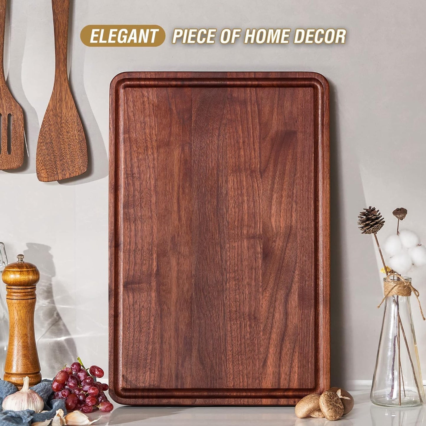 AZRHOM Large End Grain Walnut Wood Cutting Board 17x13x1.5 in Thick Butcher Block for Kitchen with Non-slip Mats Juice Groove & Handles (Gift Box)