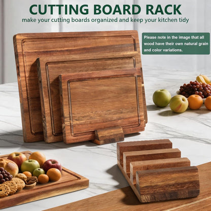 3 PCS Acacia Wood Cutting Board Set with Stand, Thick Chopping Boards for Kitchen, Deep Juice Grooves, Easy Grip Handle, Non-slip Heavy Duty Charcuterie Board for Meat, Cheese, Vegetables and Fruits