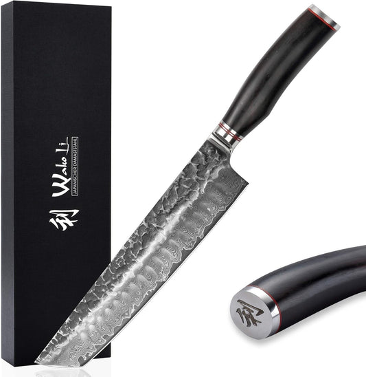 Wakoli EBO BBQ Gyuto Knife – 7.9-inch Damascus Butcher Knife | 67-Layer VG10 Core Steel | Dark Oak Wood Handle | Professional Meat Cutting Tool in Gift Box